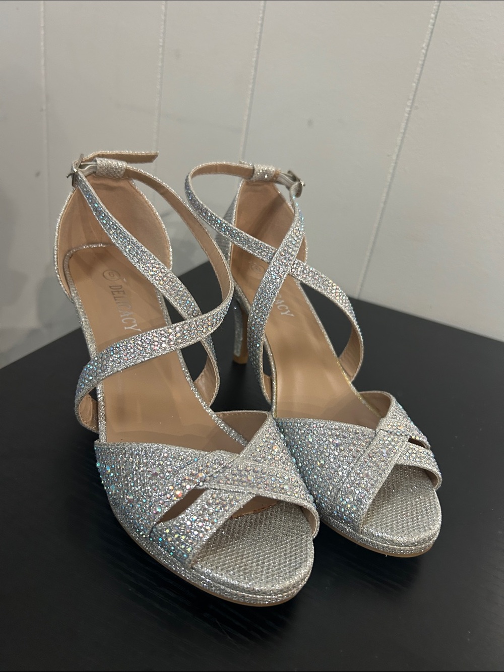 Delicacy Silver Crystal Cross-Strap Evening Heels